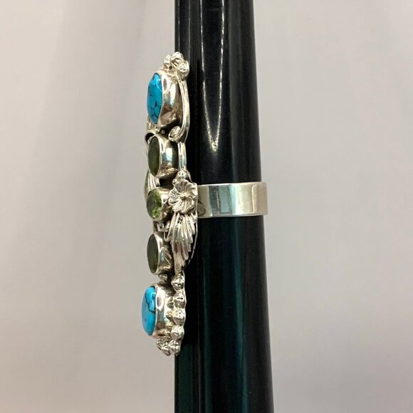 Big Peridot Turquoise Sterling Silver Elongated Handmade Navajo Ring Sz 9 J878 - Picture 10 of 12